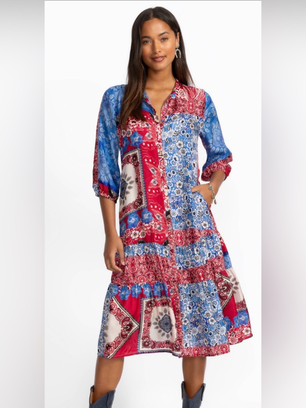 Johnny Was Red, Blue and White Patchwork Midi Shirt Dress